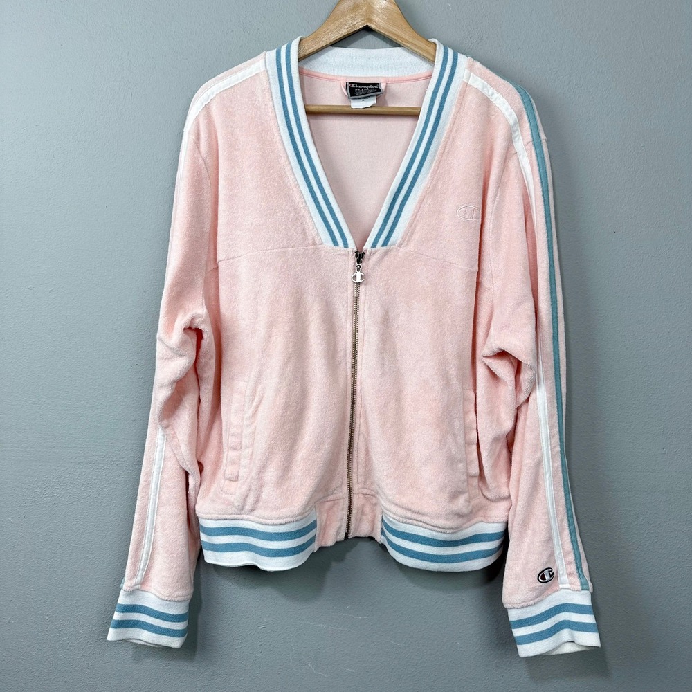 Champion Pink Terry Cloth Track Jacket Size 2XL Sporty‎ Athleisure Retro Varsity